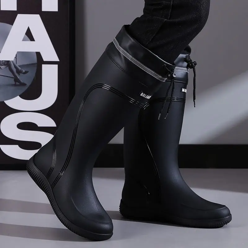 

Men's British Tall Rain Boots Round Toe PVC Upper Drawstring Reflective Warm Non-Slip Waterproof Fishing Work Boots All-Season