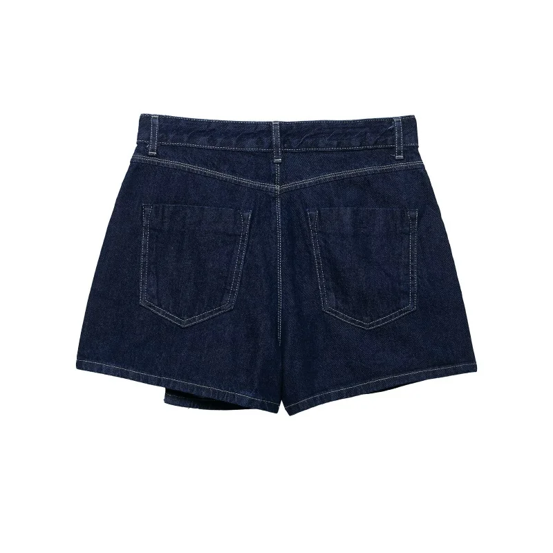 Women Casual Navy Blue Denim Shorts Skirt High Waist Front Pockets Metal Button… - Image 2