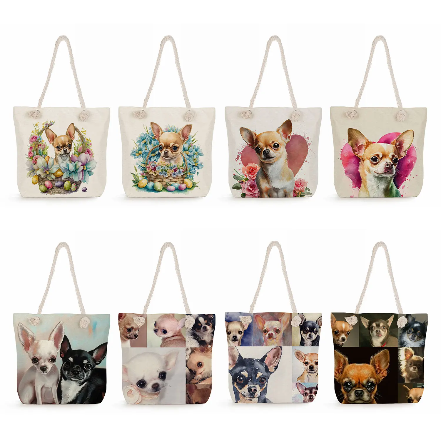 

Chihuahua Printed Handbags Casual High Capacity Women Shopping Tote Bags Female Cute Dog Graphic Travel Thick Rope Beach Bags