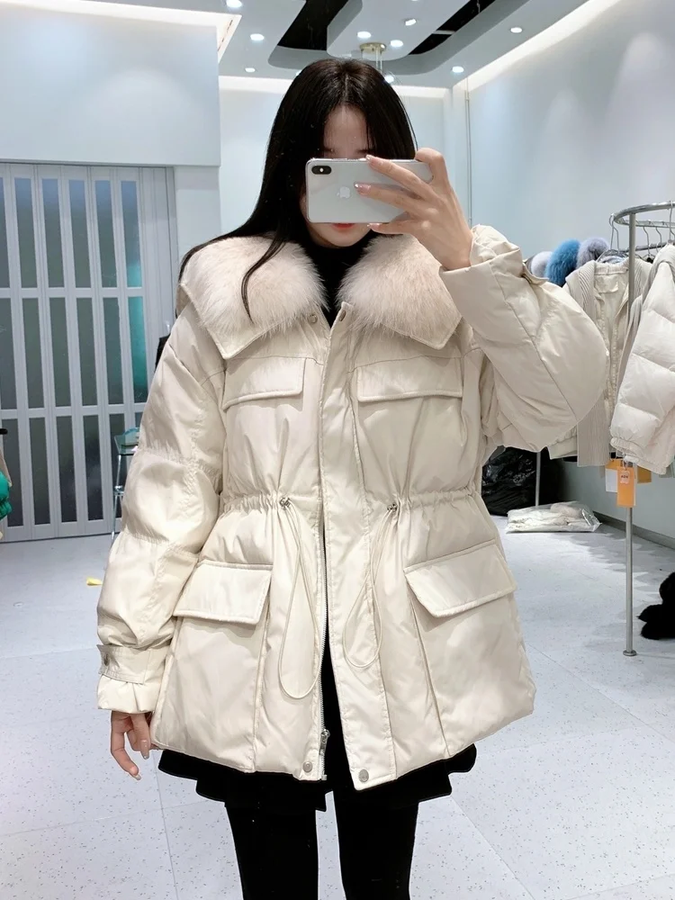 

Winter 2023 Large Puffer Natural Fox Fur Jacket Women Thick Loose Coat 90% White Duck Down Parka Female Warm Outerwear