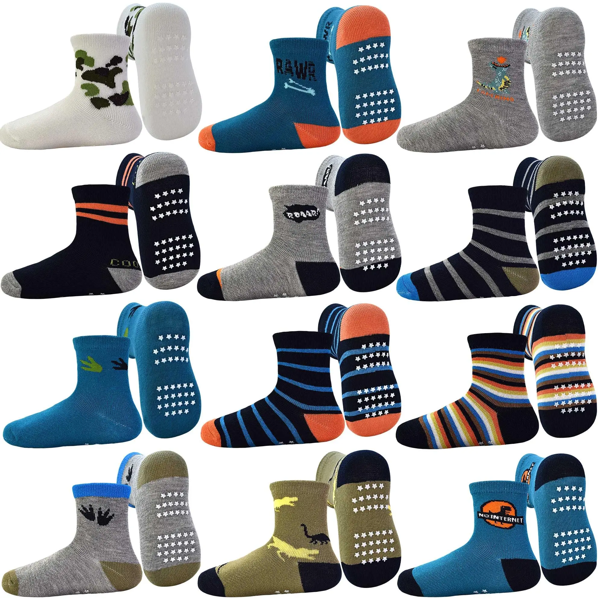 12 pairs of 0-7 years old boys' fun dinosaur anti-slip mid-calf socks, with a little rubber sole indoor antislip, comfortable