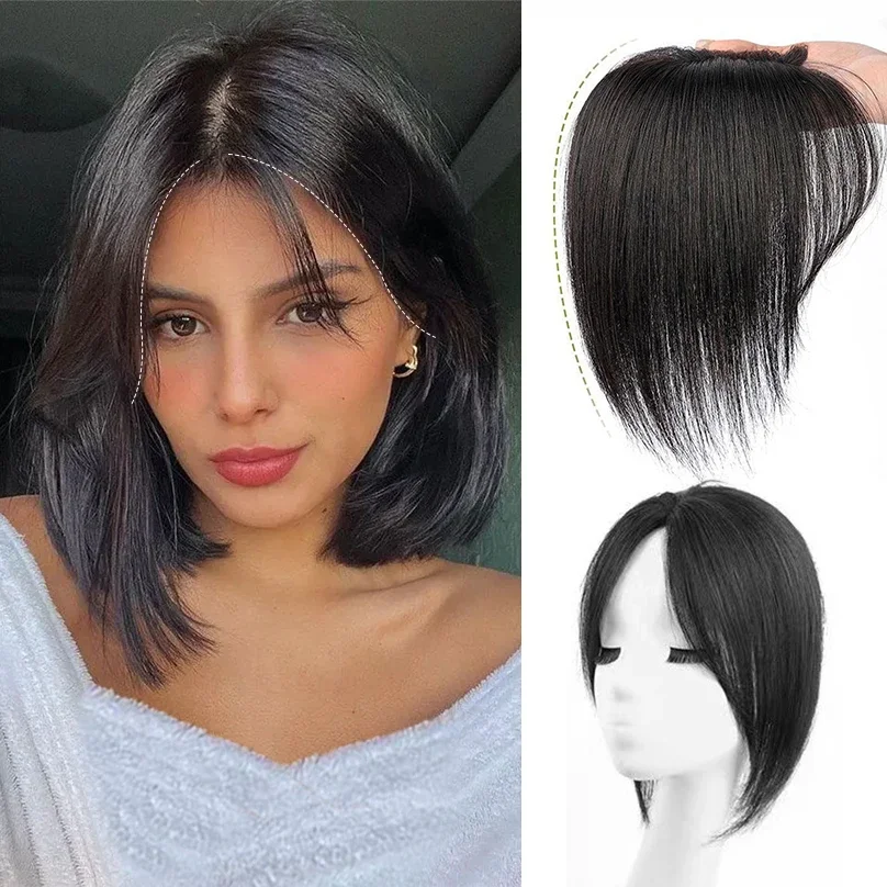 100% Human Hair Wispy Bangs Clip in Bangs Natural Air Bangs Fringe with Temples Hairpieces for Women Curved Bang for Daily wear