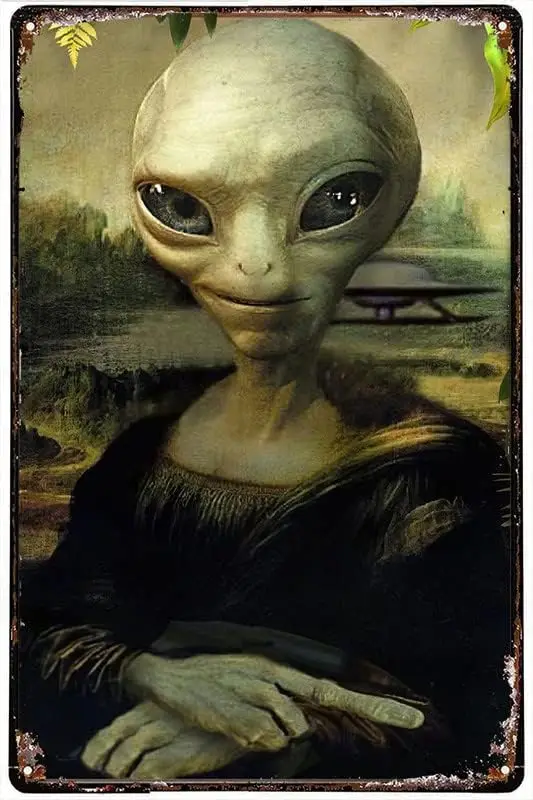 RIFOSA Funny Alien Tin Signs Ufo Wall Art Decor Space Wall Art Metal Retro Signs Wall Decor Sci-fi Lover Gift