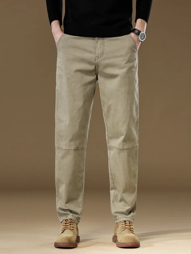 Autumn New 97% Cotton Men\'s Cargo Pants Vintage Straight Splicing Work Jogger Trousers Baggy Casual Brand Male Pants Khaki Grey