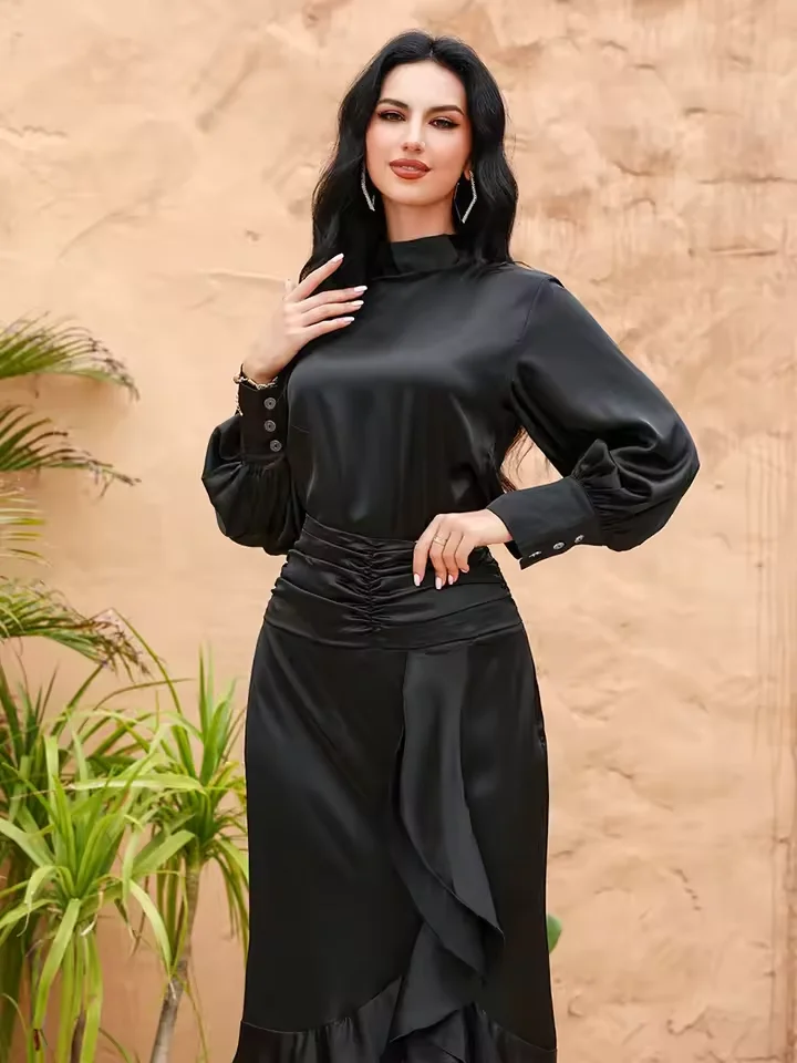 

Комплект из 2 предметов, женские топы с длинными рукавами, облегающая юбка с оборками, Дубай, Турция, кафтан, мусульманское платье, наряды, платье Абая, костюм Рамадана