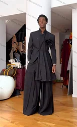 Black Men Suits Set 2 Piece Long Blazer+Pant 3D Flower Wedding Tuxedo Coat Customized Formal Office Cotton Jacket Trousers