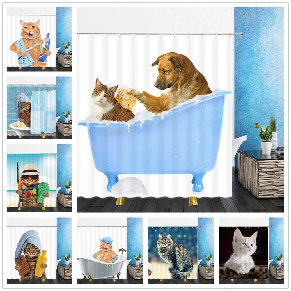 Funny Animal Shower Curtain Decor Cute Pet Cat Home Bathroom Polyester Bath Cloth Set Lanyard Hook