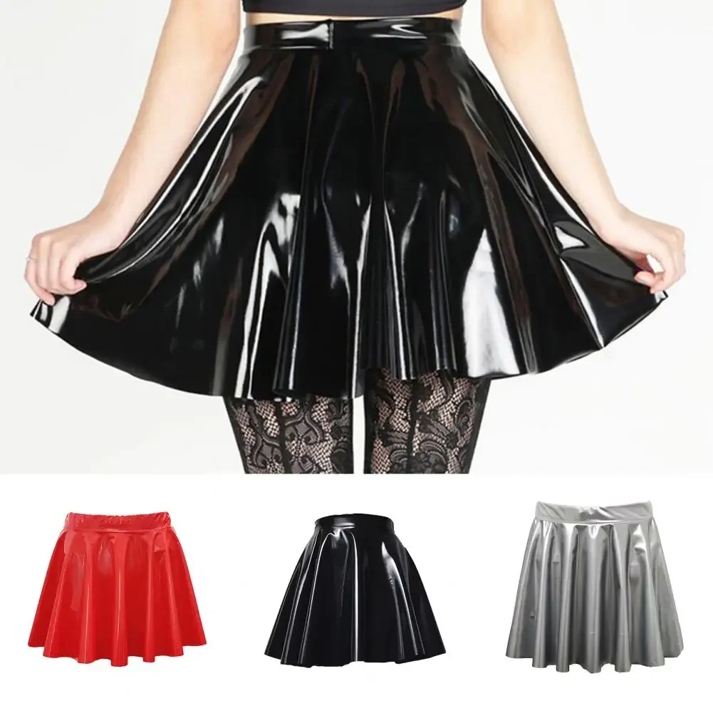 Solid Color Skirt Women Mini Skirt Elegant High-waisted Women's Skater Skirt in Mirror Glossy Faux Leather for Work Leisure