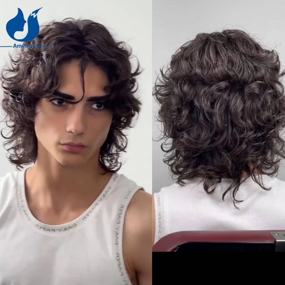 Amethyst Loose Curly Natural Black Wolf Cut Lace Front Human Hair Wig for Men Brazilian Remy Hair Middle Part Pre Plucked Wave