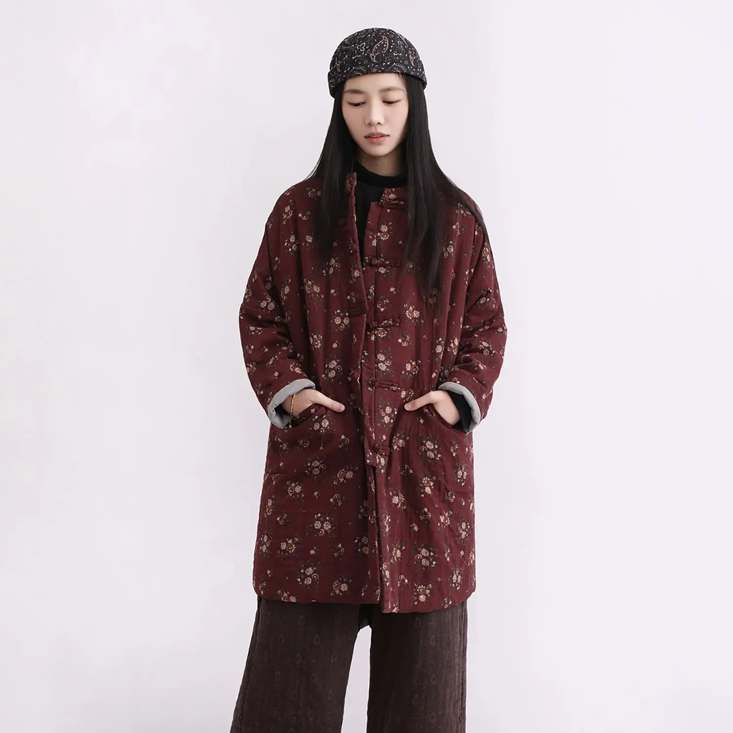 

LZJN Зимняя куртка миди с хлопковой подкладкой с цветочным принтом — новое теплое пальто свободного покроя в китайском стиле с воротником-стойкой и пуговицами в виде лягушки