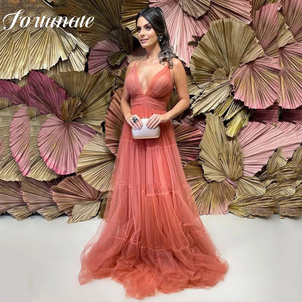 Blush Pink Spaghetti Straps Long Prom Dresses Vestidos de festa em camadas Deep Sexy V Neck Backless Vestidos فستان سهرة