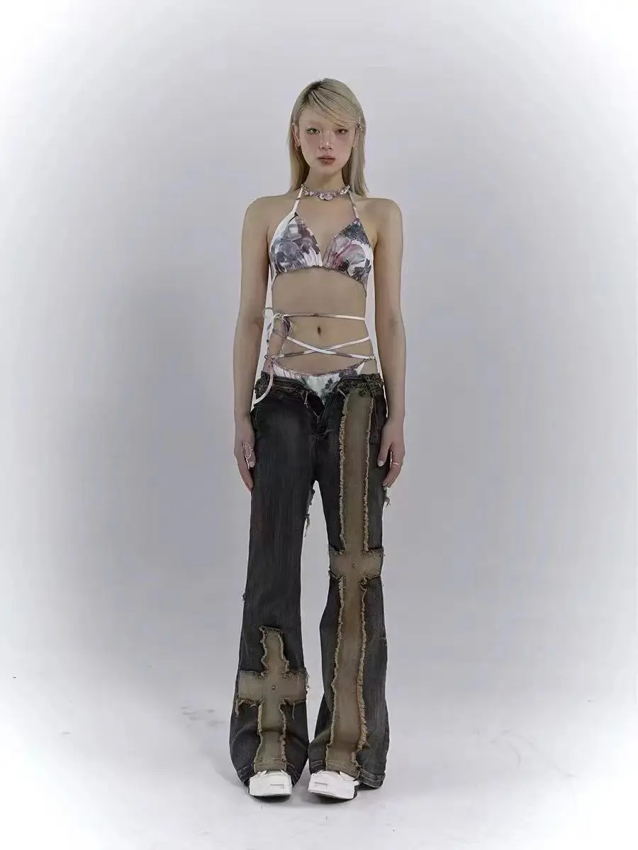 Flare Jeans Rough Edges High Waist Grunge Aesthetics Distressed Jeans Vintage Patchwork Wasteland Punk Do-Old Denim Pants Gothic