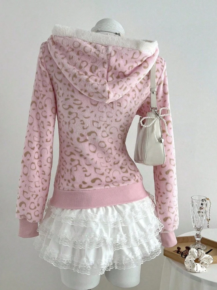 Sweat-shirts pour femmes Zip-up Grunge Gyaru à capuche gothique Top Mignon rose léopard pinte à capuche Y2k vêtements esthétique des années 2000
