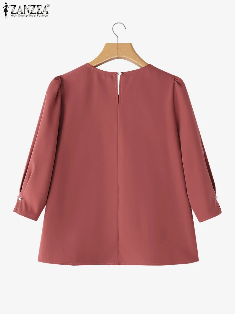 ZANZEA Camicette da donna eleganti Autunno 2025 Girocollo Manica a tre quarti Blusas Mujer Moda coreana Cinch-Cuffs Solid Top