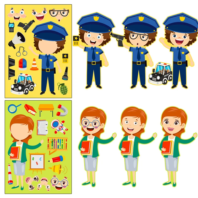 6-24sheets Occupation Cognitive Make A Face Stickers For Toddlers DIY Farmer Teacher Firefighter Jobs Sticker Kids Puzzle Toys