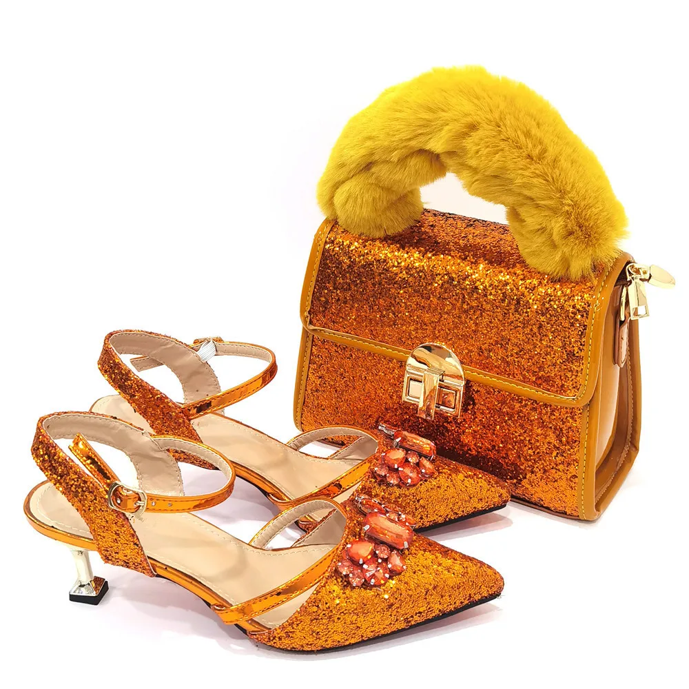 

Wonderful Orange Women Shoes Match Big Handbag Set African Dressing Pumps And Bag CR928,Heel 6CM