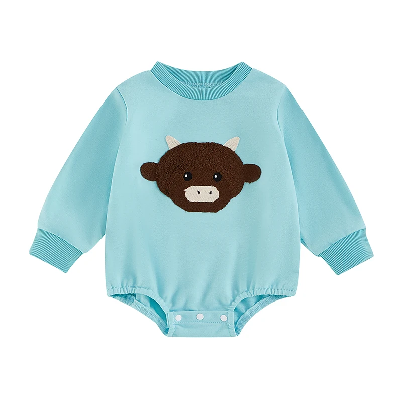 

Baby Fall Romper Highland Cattle Embroidery Long Sleeves Round Neck Sweatshirt Jumpsuit