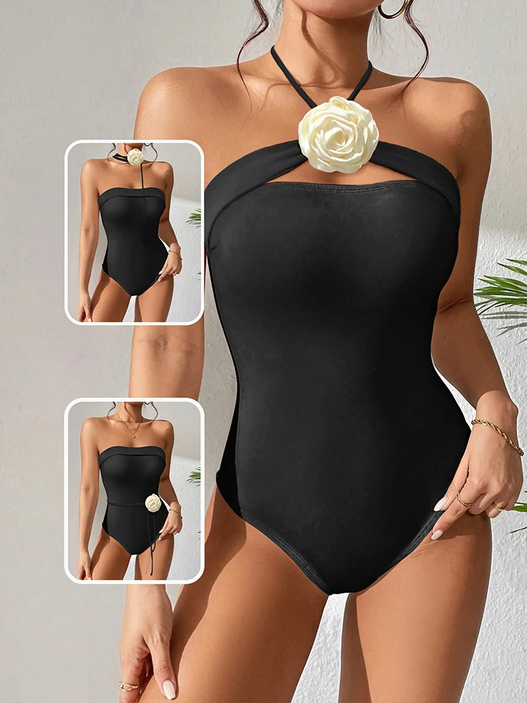 Preto de uma peça maiô mulher luxo bandeau banho estilo coreano noiva maiô beachwear monokini bodysuit biquíni feminino 2024