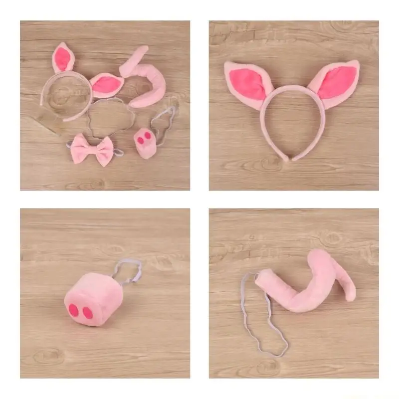 31BF 1/4 Pcs Pig Costume Set Pig Ears Headband Pig Nose Tail bows Tie Animal Fancy Costume Accessories Party Decorations
