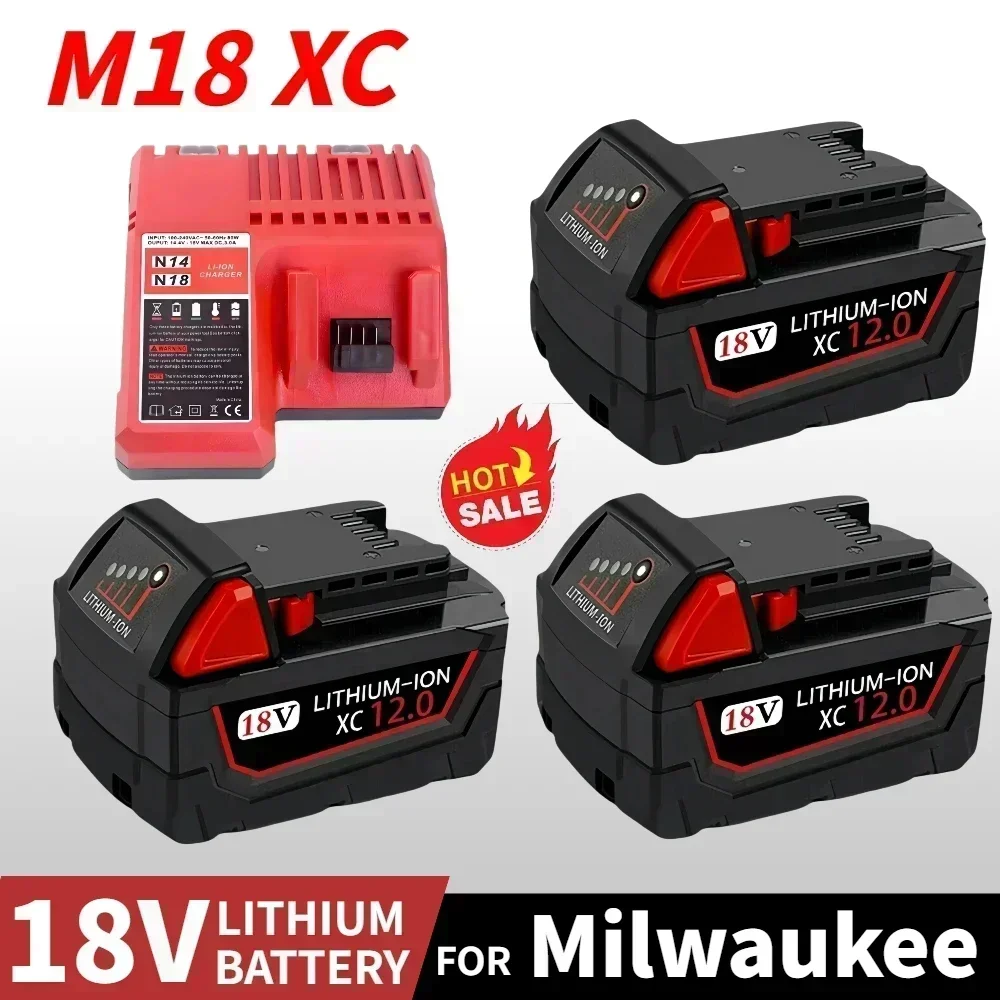 For Milwaukee M18 Power Tool Battery, Charger, BR, Li18,  XC, 18V, 12000mAh M18B5, 48-11-1860, Built-in 18650 Battery