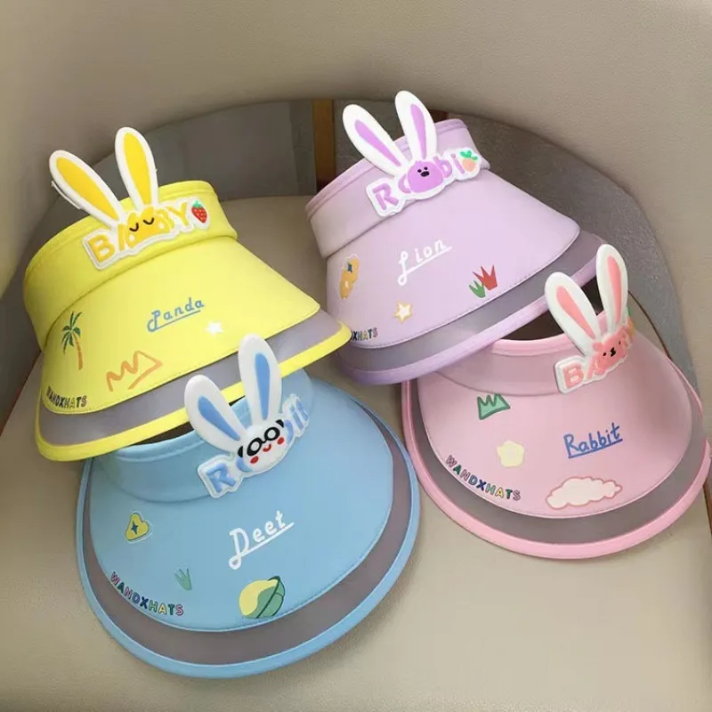 Summ Children's Ice-silk Bunnies's Sun Protection Hats Shade Large-eaves Empty-top Anti-ultraviolet Hat  Baby Sun Hats