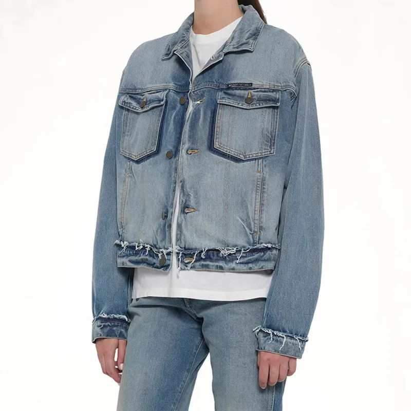 ANJY Spring Autumn New Women American Style Vintage Washed Frayed Edge Denim Jacket Stylish Niche Design Distressed Coats A22209