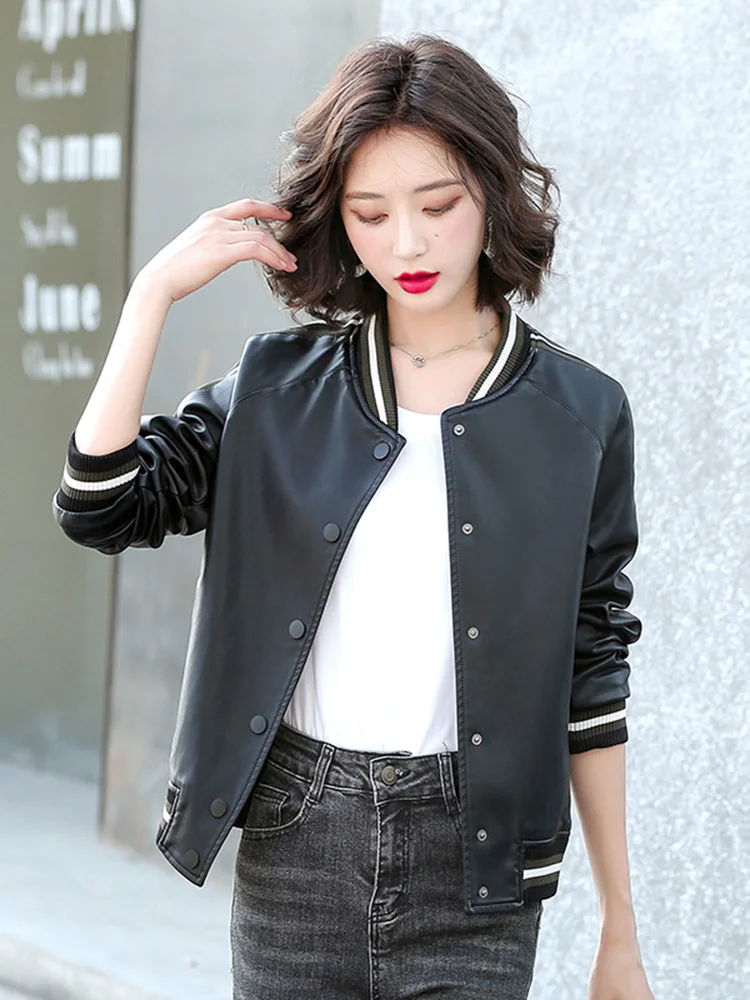 New Women High Street Split Leather Baseball Uniforms Street Casual Coat 2024 Spring Autumn Loose Stitching Sheepskin Jacket
