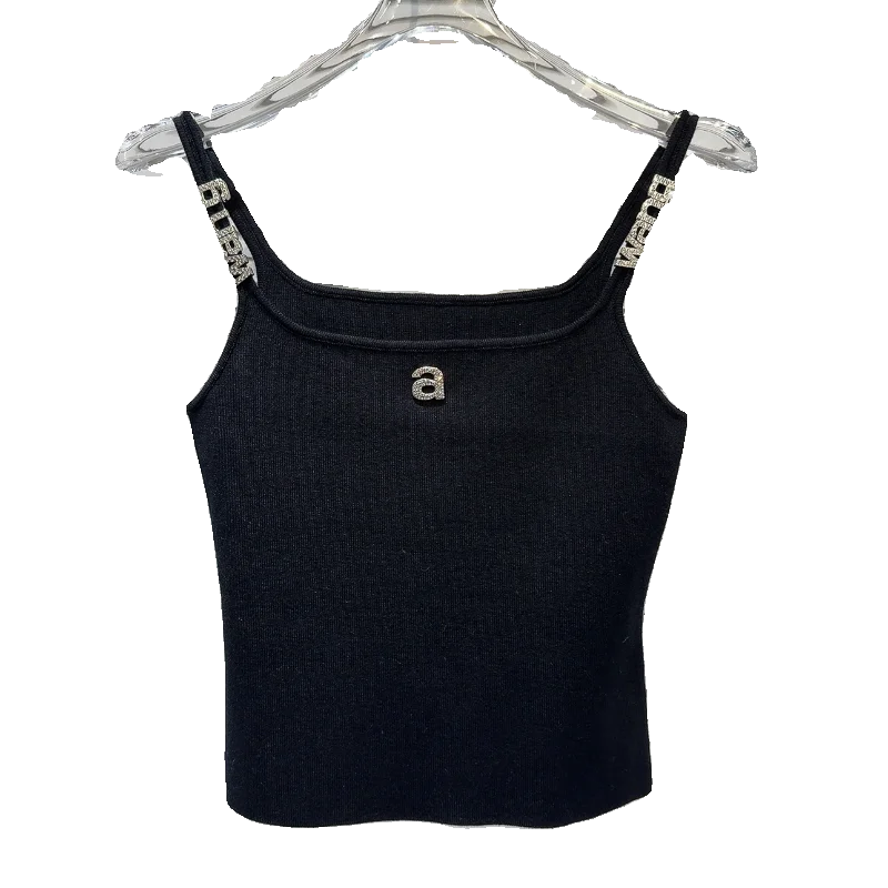Top corto de punto con correa para el hombro y diamantes de imitación con letras de Metal a la moda para mujer, novedad de verano, ropa interior informal