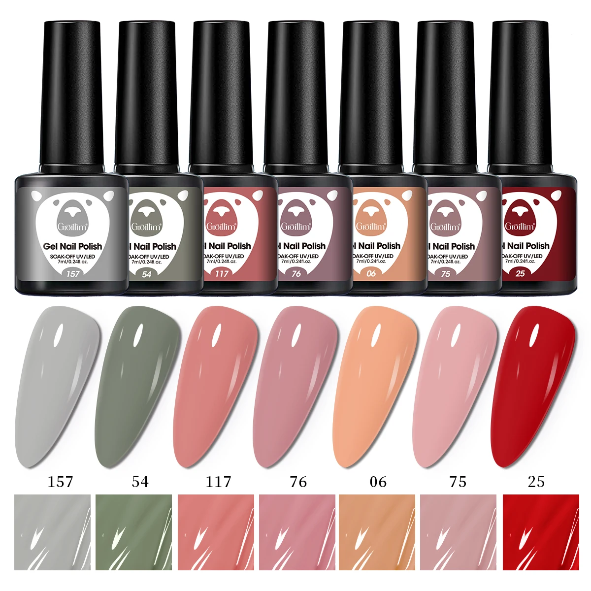 ชุดยาทาเล็บเจล 7 ชิ้น Groillim, สำหรับตกแต่งงานปาร์ตี้และงานแต่งงานหลากสีสัน, เบสโค้ทเจลแบบลอกออกได้สำหรับงานศิลปะบนเล็บ, ของขวัญสำหรับผู้หญิง
