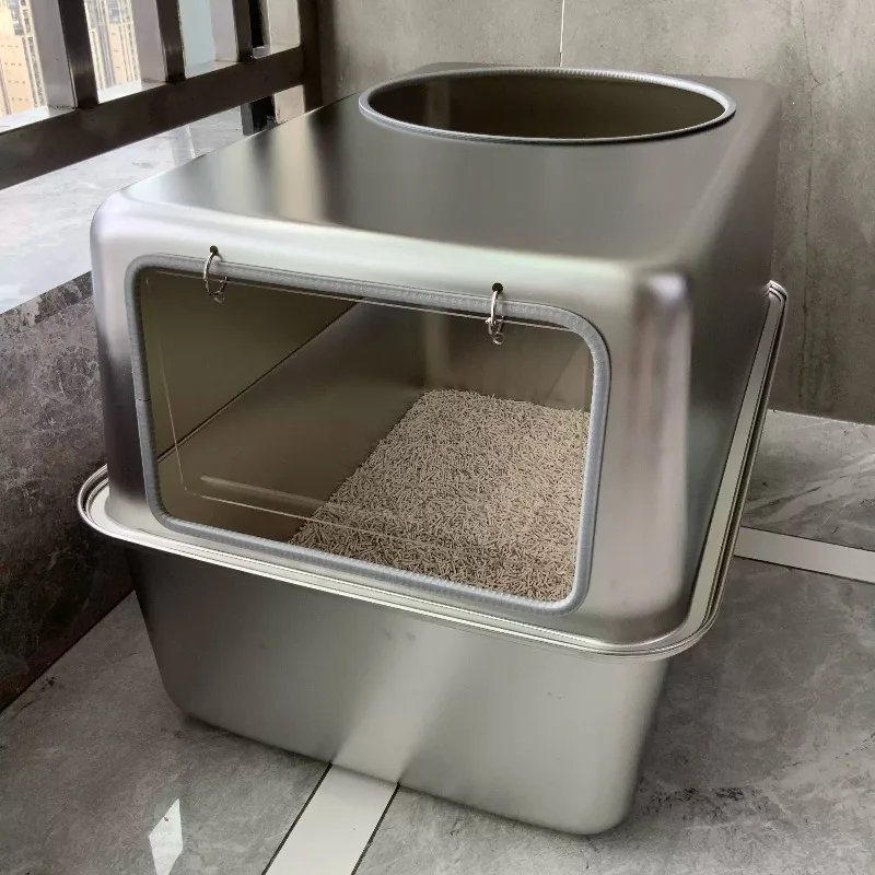 Stainless Steel Enclosed Style Cat Litter Box Jumbo Top Entry Kitty Toilet Odor Control Litter Tray Easy-Clean Metal Cat Bedpans