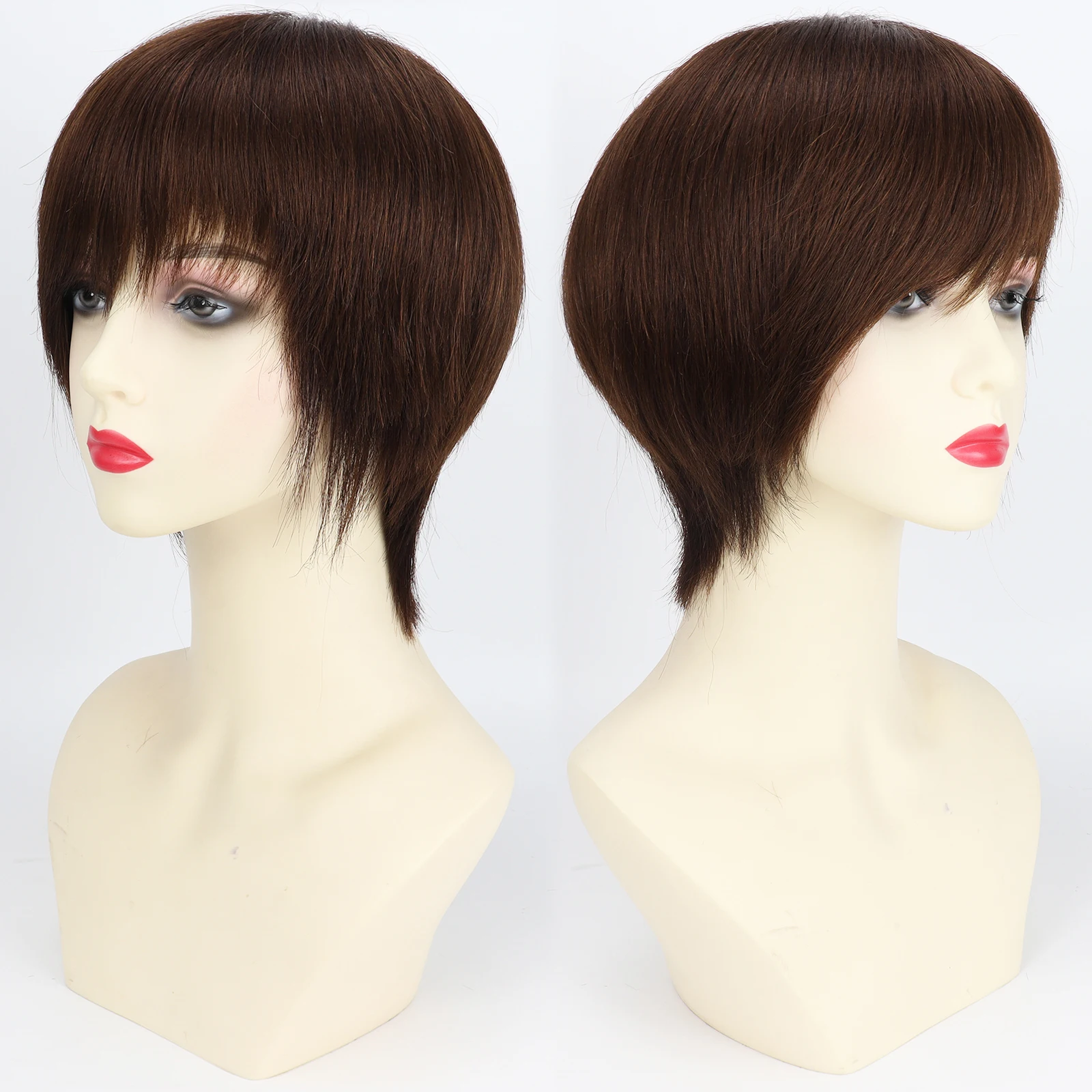 

Silk Top Pixie Cut Wig for Women #4 Medium Brown Real Remy Human Hair Wig with Bangs Natural Scalp Silk Crown Layer Hair