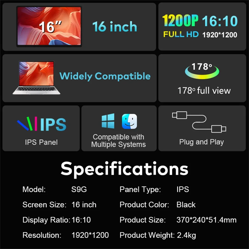 Rospider جديد قابل للدوران 16 بوصة محمول مزدوج IPS كمبيوتر محمول شاشة ممتدة عالية الوضوح ثلاثية قابلة للتوسيع شاشة LCD موسع #3