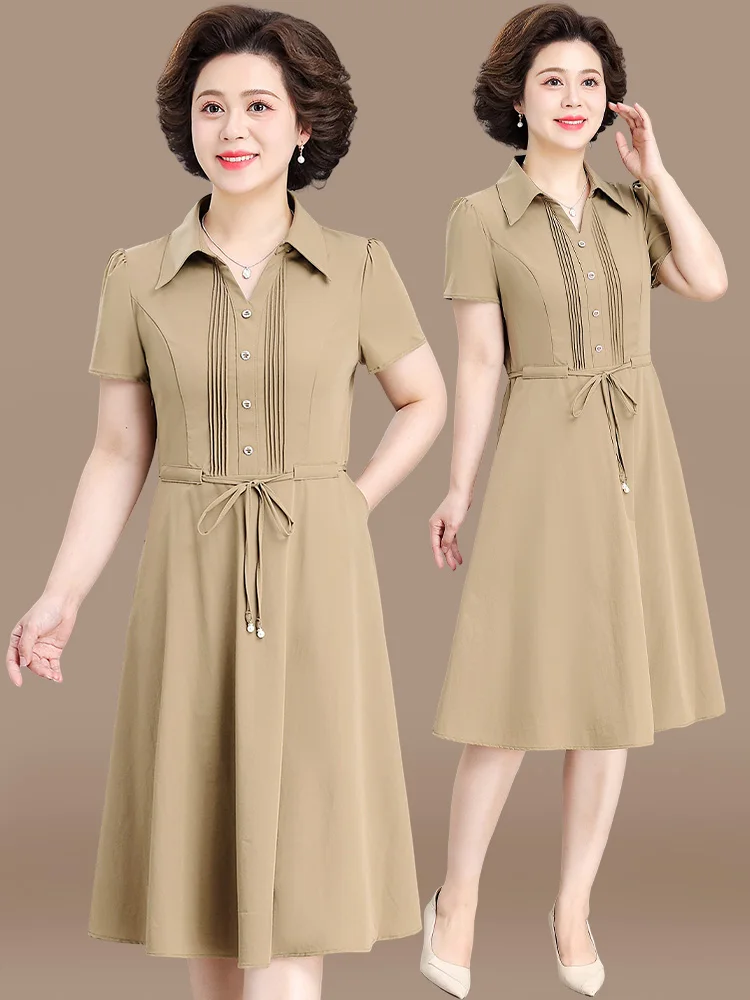 

Casual Summer Dr for Middle-Aged Mothers ort Sve Loose Fit Faionable Korean Sle Polyester Fabric Midi Dr