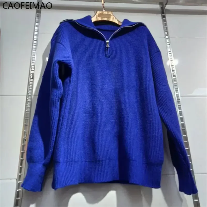 Women's Turtleneck Zippers Fashion Women Sweaters Solid Green Blue Pullover Long Sleeve Casual Knitted Sweater Woman Winter 2025