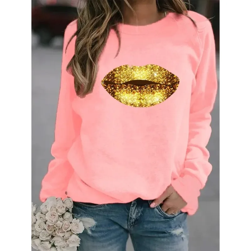 New Gold Lip Pattern Printed Women\'s Fleece Long-sleeved Loose Neck Sports Casual Round Neck Hoodie Sweatshirt  Clothes