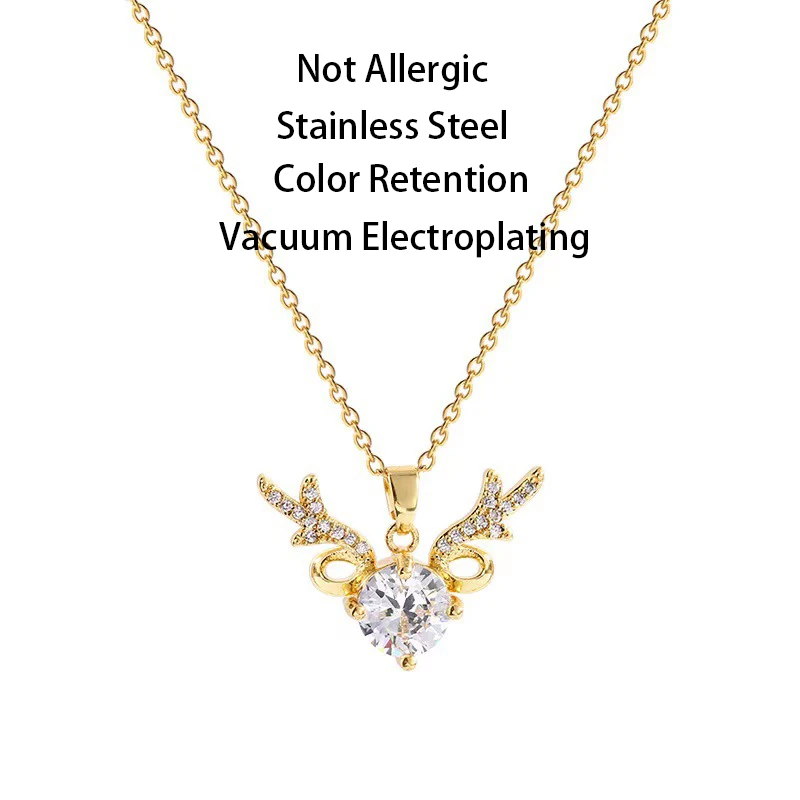 Cute Romantic Luxury Crystal Antlers Necklace High Quality Stainless Steel Zircon Clavicle Chain Jewelry Female Gift
