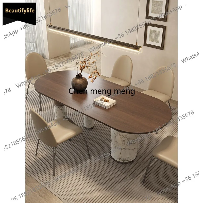 A139 Wabi Sabi Rectangle Dining Table and Chair Combination Italian Minimalist Marble Dining Table Household Walnut Color