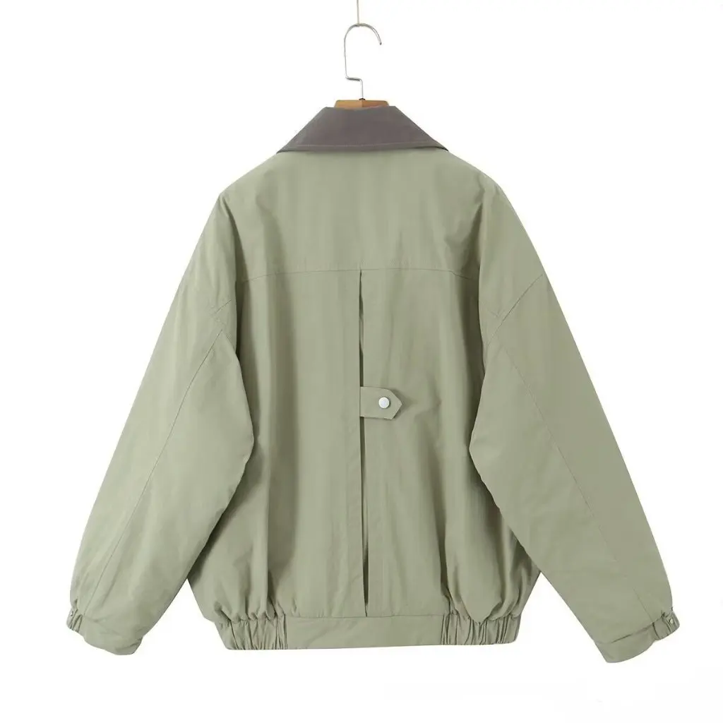 

Women's Casual Loose Fit Cotton-Padded Jacket Pea Green Lapel Zipper Design American Style Fashion M11168