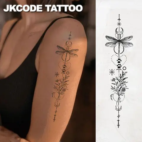 Tatuagem de ervas adesivos festival de música ins estilo bonito design floresta margarida libélula padrão braçadeira tatuagem flor frases estilo elegante bonito tatuagem moda menina acessórios feminino mão pescoço ombro clavícula tatuagem de longa duração