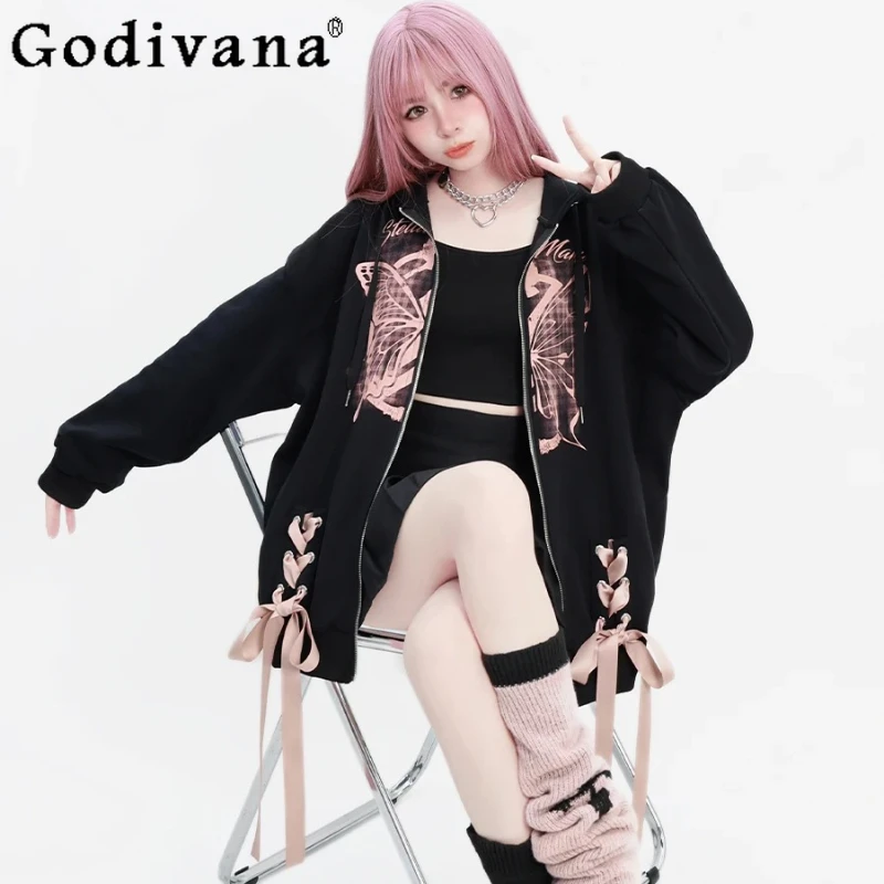 

Elegant Ribbon Lace-up Black Long Sleeve Printed Loose Cotton Sweet Hoodie Autumn Winter New Zipper Street Versatile Jacket