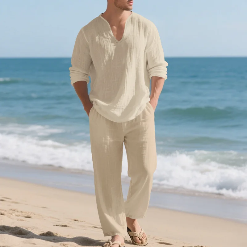 

Весенне-осенний свободный льняной американский повседневный домашний мужской пляжный брючный костюм с v-образным вырезом и длинными рукавами