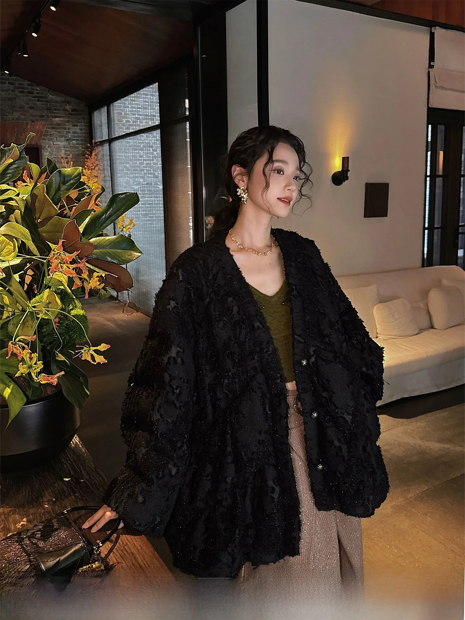 

Sanji Bla Flower Quilted down Jaet Women's Sle Winter Warm Coat Korean Version Long Sve Print Texture Fem Model