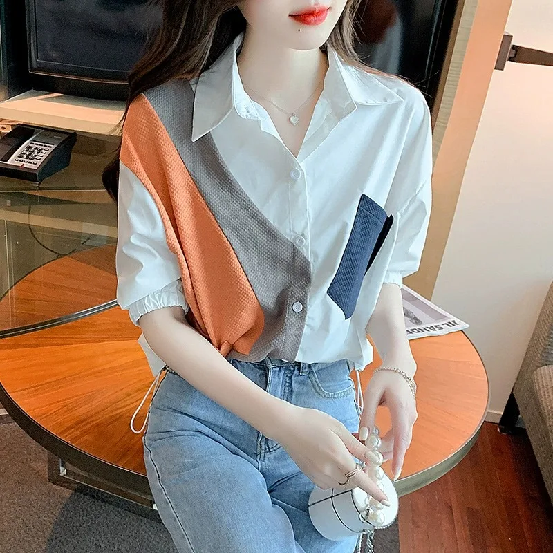 

White Short Sleeve Shirt Women Summer Loose Fit Slimming Design Color Block Personality Top Fashionable Casual Neck
