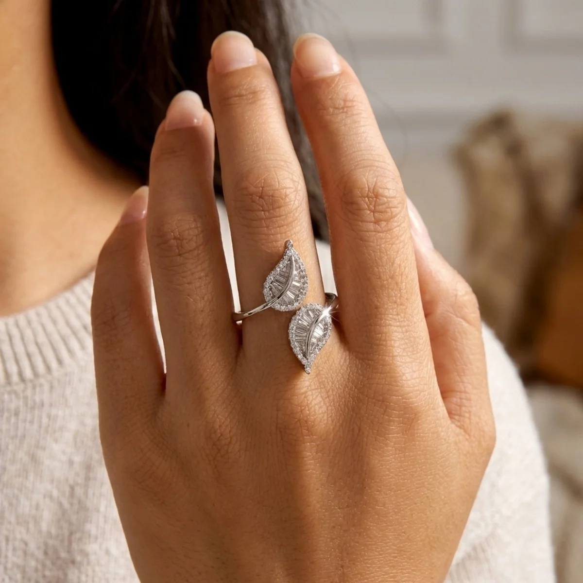 Vintage elegante, mit Blättern und CZ-Zirkon verzierte Öffnungsringe für Damen und Herren, zarter, glänzender Feder-Fingerring, Party- und Eheringe, Schmuck – Detail 7