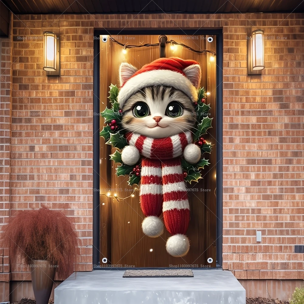 عيد الميلاد القطط لافتات الباب زينة حفلة عيد الميلاد خلفيات للتصوير الفوتوغرافي للداخلية في الهواء الطلق جدار الشرفة خلفية لوازم الحفلات