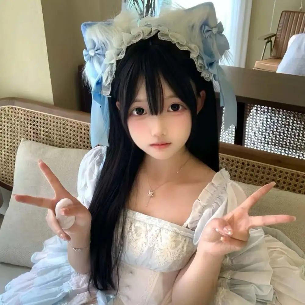 Orecchie di gatto di peluche dolce Lolita Fascia di pizzo Fiocco di nastro Kawaii Fascia increspata Accessori per capelli Jk Barrettes Copricapo in maschera