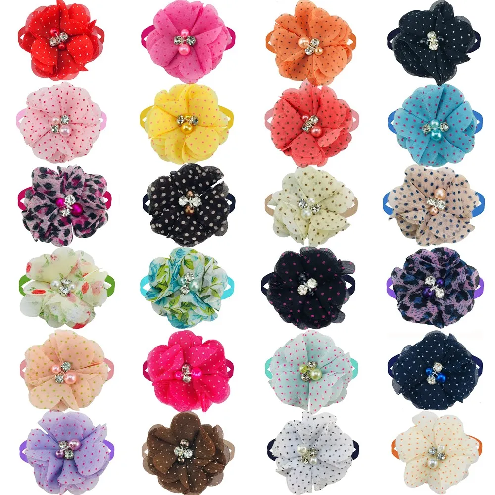 

30/50pcs Pet Dog Bow Ties Flower Style with Rhinestones Small Dog Cat Bow Tie Collar Holiday Pet Puppy Bowties Accessories