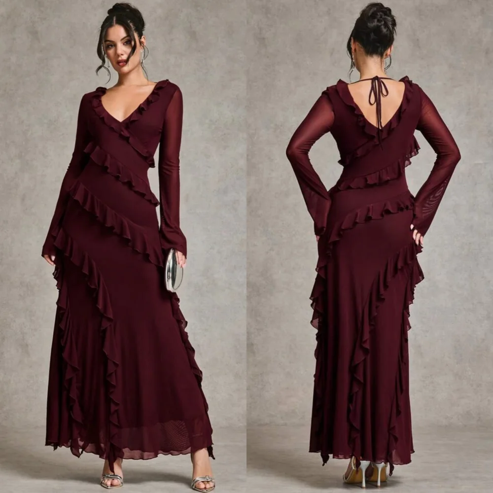 

Customized Chinese High Quality Sexy Chiffon Draped Ruched Straight V-neck Long Dresses Bespoke Occasion Dresses Sizes Available