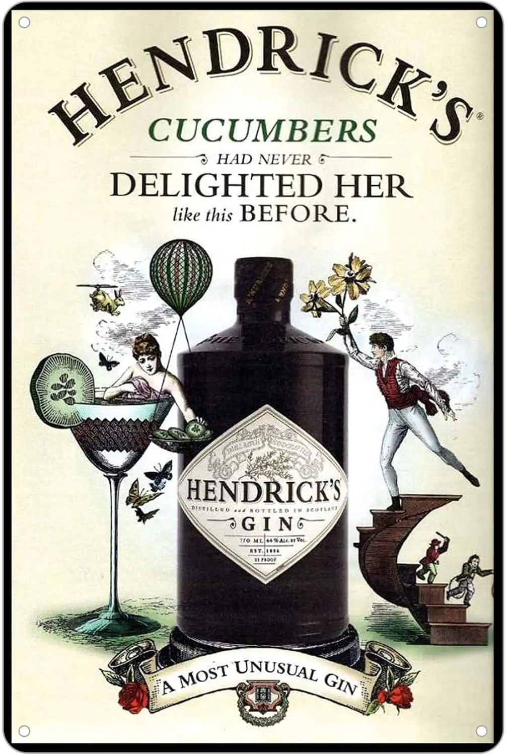 KENSILO Letrero de metal retro Hendricks Gin Never Delighted Her Like This Before, placa decorativa de metal vintage para pared, arte decorativo