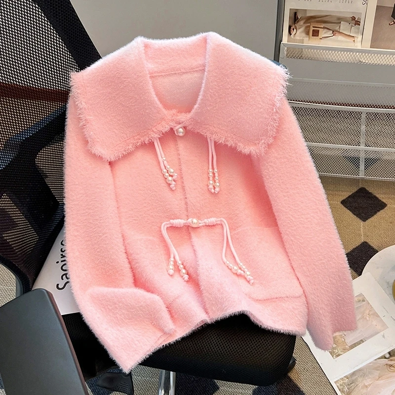 Design-like Mink Cashmere Sweater for Women Cardigan Doll collar Soft and Warm Basic knitwear Korean Tops Autumn Winter Sweater